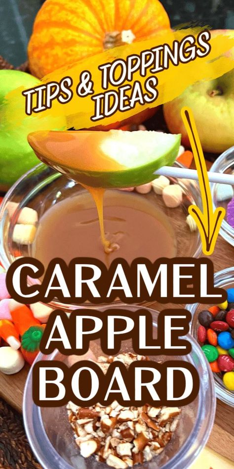 Apple Caramel Board, Halloween Party Carmel Apple Bar, Fall Charcuterie Board Caramel Apple, Caramel Apple Board Halloween, Apple Dessert Board, Halloween Apple Charcuterie Board, Apple Dip Charcuterie Board, Carmel Apple Nachos Bar, Carmel Apples Bar