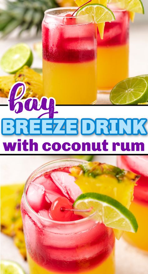 Collage showing two fruity cocktail drinks. Easy Mixed Drinks With Malibu Rum, Simple Drinks With Malibu Rum, Cocktails With Malibu, Mix Drink With Malibu Rum, Malibu Bay Breeze Cocktail, Bay Breeze Cocktail, Tequila And Lemonade, Malibu Bay Breeze, Vodka Cranberry Cocktail