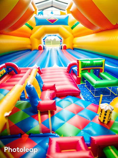 Fun House Carnival Aesthetic, Carnival Funhouse Aesthetic, Waterpark Liminal Space, Fun House Amusement Park, Unicorn Bouncy Castle, Cute Pool Floats, Dreams Core Aesthetic, Sonic Birthday Parties, Indoor Play Areas