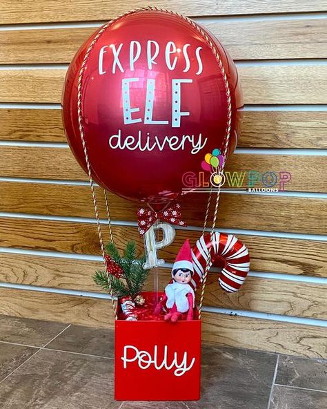 Elf On The Shelf Arrival Ballons, Diy Elf Hot Air Balloon, Elf Stuffed Balloons, Elf Return Balloons, Elf On The Shelf Hot Air Balloon Diy, Elf On Shelf Hot Air Balloon, Elf On The Shelf Delivery Ideas, Elf On The Shelf Hot Air Balloon Arrival, Elf Hot Air Balloon Arrival