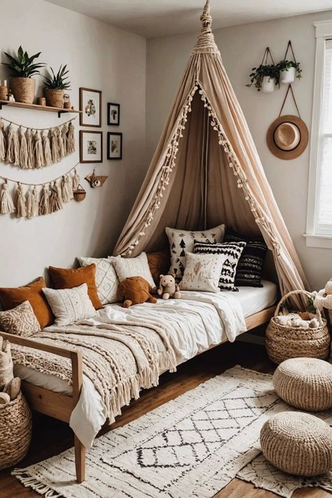 Discover the sweetest Boho Style Bedroom Ideas for Girl Toddlers! Transform their room into a magical wonderland with these trendy and adorable designs. Explore our gallery for inspiration and create a cozy and stylish slumber space for your little princess! Boho Princess Room, Boho Bedroom Yellow, Bedroom For Toddler Girl, Rustic Kids Bedroom, Rustic Girls Bedroom, Yellow Kids Bedroom, Boho Toddler Room, Boho Style Bedroom Decor, Boho Style Bedroom Ideas