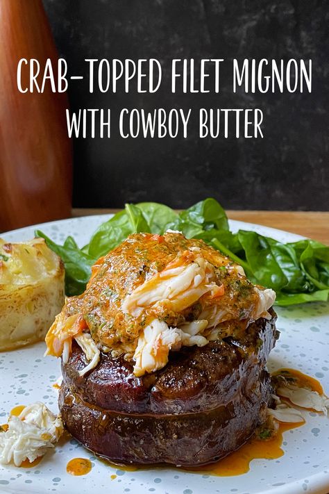 The ultimate seafood lover's date night dish - sweet Snow Crab Topped Filet Mignon with Cowboy Butter. Crab Topping For Steak, Snow Crab Recipes, Filet Migon, Steak Toppings, Cowboy Butter, Snow Crab, Crab Recipes, Crab Legs, Seafood Dinner