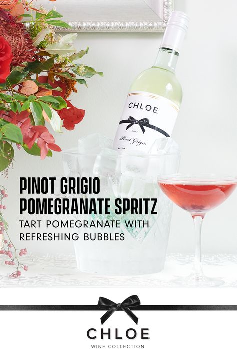 Our signature Pinot Grigio, pomegranate juice, and a splash of club soda give this easy drink a tart and refreshing finish. INGREDIENTS 3 parts Chloe Pinot Grigio 1 parts Pomegranate Juice ½ part Simple Syrup Lemon Club Soda, to top Pomegranate Seeds, for garnish DIRECTIONS In a cocktail shaker, add ice, Chloe Pinot Grigio, pomegranate juice, and simple syrup. Shake well to combine. Strain into a cocktail glass. Top with lemon club soda and garnish with pomegranate seeds. Pinot Grigio Cocktail, Cocktail Kit Gift, Diy Cocktail Kit, Mixology Set, Tasty Cocktails, Hey Bartender, Diy Cocktails, Cranberry Cocktail, Liquor Dispenser