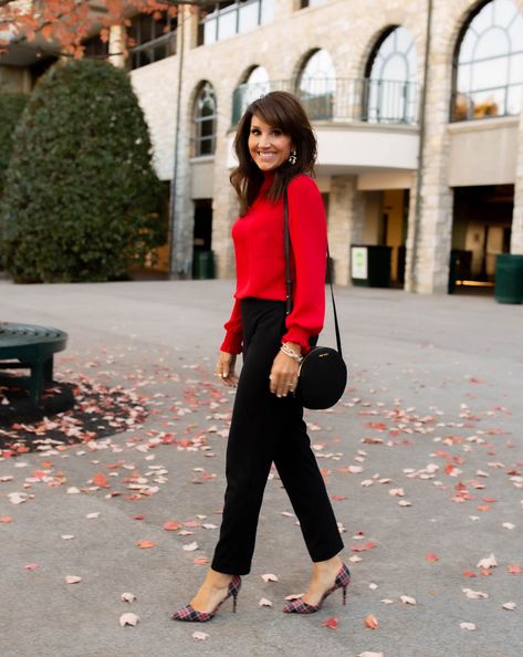 This holiday season add some fun to a simple red blouse and black pants with with these plaid heels.  #winterfashion #holidayoutfit #fashionover40 Blouse And Black Pants, Red Blouse Outfit, Practical Christmas Gifts, Red Top Outfit, Dark Red Blouse, Gifts From Amazon, Autumn Fashion Work, Plaid Heels, Black Pants Outfit