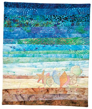 Treasures from the Sea, designed and made by June Dudley. Appears in Quilting & Embroidery Spring ’11 Felted Seascapes, Applique Pictures, Beach Themed Quilts, Sea Collage, Quilting Borders, Seascape Quilts, Landscape Quilting, Fish Embroidery, Ocean Quilt