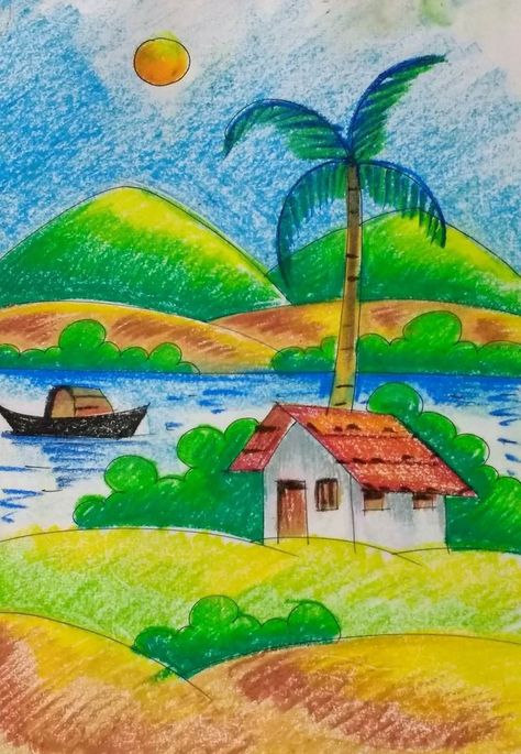 Simple Scenery Drawing For Kids, Oil Pastel Drawings Easy Scenery, Oil Pastel Landscape Easy, Pastel Drawings Easy, Oil Pastel Drawings For Beginners, Scenery Oil Pastel, Landscape Drawing For Kids, Oil Pastel Scenery, Scenery Drawing Easy