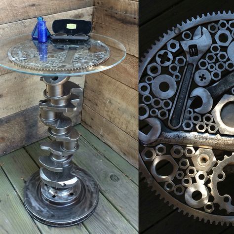 "Crankshaft IV" side table. Scattered tools top with crankshaft stem and rotor base. Custom cut glass from Singer glass. Table Glass Top, Functional Artwork, Table Glass, Scrap Metal, Glass Table, Cut Glass, Side Table, Tools, Glass