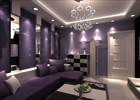 Purple And Grey Living Room, Blue Accents Living Room, Purple Living Room Ideas, 555 Wallpaper, Purple Living Room, Purple Room, Monochrome Makeup, Purple Sofa, Living Room Wall Color