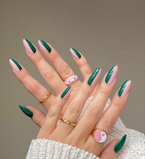 Pink And Green Pedicure, Pink And Dark Green Nails, Green And Coral Nails, Green And Pink Nail Ideas, Dark Green And Pink Nails, Split Color Nails, Hot Pink And Green Nails, Wicked Inspired Nails, Green And Pink Nails Designs