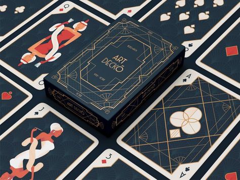 Art Deckó is a poker deck with a design and style based on the art movement of the early 20th century, Art Deco. The design arises in order to celebrate 100 years since the beginning of the avant-garde, managing to bring back the subtlety and elegance that were used in the works of the time. Gambling Graphic Design, Card Deck Back Design, Art Deco Playing Cards, Art Deco Branding Design, Playing Card Box Design, Art Deco Packaging Design, Cards Illustration Design, Deck Of Cards Aesthetic, Art Deco Layout