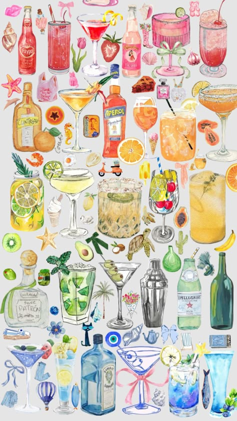 #summer #watercolors #collage I Pad Aesthetic Wallpaper, Summer Collage Wallpaper Iphone, Cocktail Collage, Collage Watercolor, Random Things To Draw, Phone Collage, Watercolour Collage, Food Collage, Drink Doodles