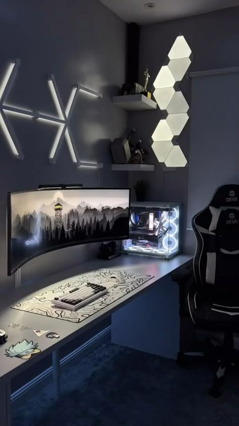 Modern Room Setup, Gaming Setup Bedroom, Gaming Computer Room, Streaming Room, Games Room Inspiration, Nixie Tube Clock, Small Game Rooms, Gamer Bedroom, Computer Gaming Room