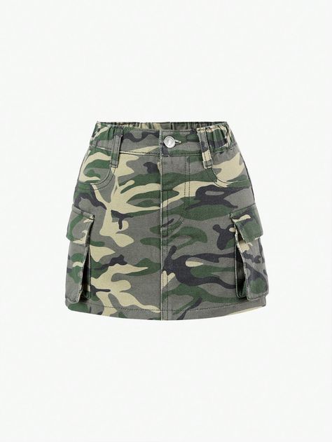 Young Girl Camo Print Flap Pocket Cargo SkirtI discovered amazing products on SHEIN.com, come check them out! Army Green Skirt, Girl Camo, Girls Denim Skirts, Utility Skirt, Camo Girl, Mesh T Shirt, Green Jeans, Army Girl, Cargo Skirt