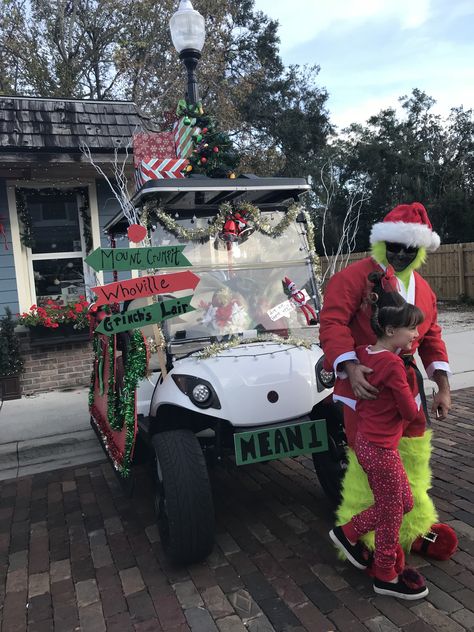 Christmas Golf Cart Golf Cart Christmas Parade Ideas Grinch, Grinch Golf Cart Decorations, Christmas Golf Cart Decorations, Golf Cart Christmas Parade Ideas, Christmas Golf Cart Parade Ideas, Grinch Float, Nightmare Before Christmas Trunk, Christmas Trunk Or Treat Ideas, Christmas Golf Cart