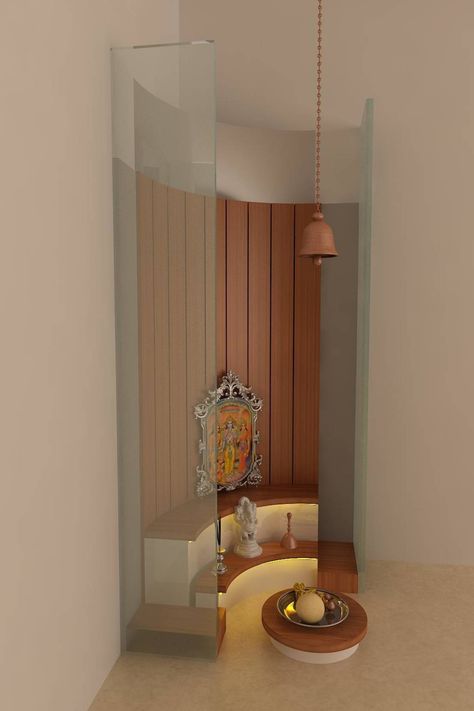 pooja room : by drashtikon designer consultant Corner Mandir Design, Corner Temple Design For Home, Unique Doors Interior, Mandir Ideas, Puja Ghar, Pooja Unit, Temple Room, Mandir Design, Temple Design For Home