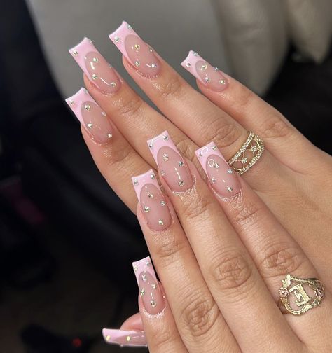 Frenchies With Rhinestones, Los Angeles Nails, Nail Suggestions, Hoco Nails, Wow Nails, Edgy Nails, Girly Acrylic Nails, French Acrylic Nails, Exotic Nails