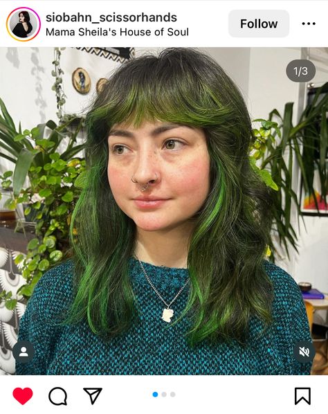 Green Tipped Hair, Green Bangs Brown Hair, Swamp Green Hair, Brown And Green Hair, Moss Green Hair, Green Hair Dye Ideas, Green Brown Hair, Short Green Hair, Moss Hair