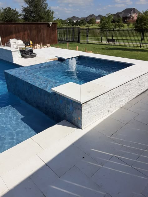 Raised Spa Stacked Stone, Spa Tile Pool, Hot Tub Tile, Pools With Raised Spa, Pool With Raised Spa, Pool With Jacuzzi, Raised Spa With Pool, Pool Spa Design, Pool Makeover