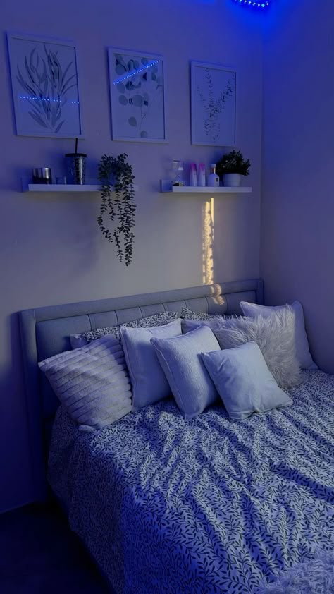 Grey Led Bedroom, Grey Room Ideas Bedroom Decor, Grey And Blue Room Ideas Bedroom, Grey And Light Blue Bedroom Ideas, Navy Grey And White Bedroom, Stone Blue Bedroom, Blue And White Aesthetic Room, Dark Blue Dorm Room, Simplistic Bedroom Aesthetic