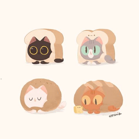 Cat and Bread Cute Cat Illustration, Cat Hacks, Animal Doodles, Cat Character, Cute Kawaii Drawings, 판타지 아트, Cute Animal Drawings, Kawaii Drawings, Kawaii Art