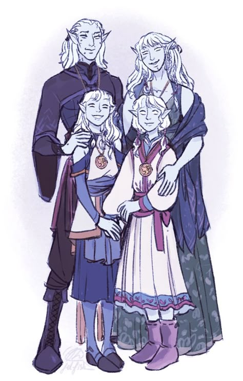 Elf Family Art, Dnd Family Portrait, Drow Oc Art, Dnd Winter Character, Family Pose Reference, Twins Character Design, Drow Character Art, Dnd Family, Twin Ocs