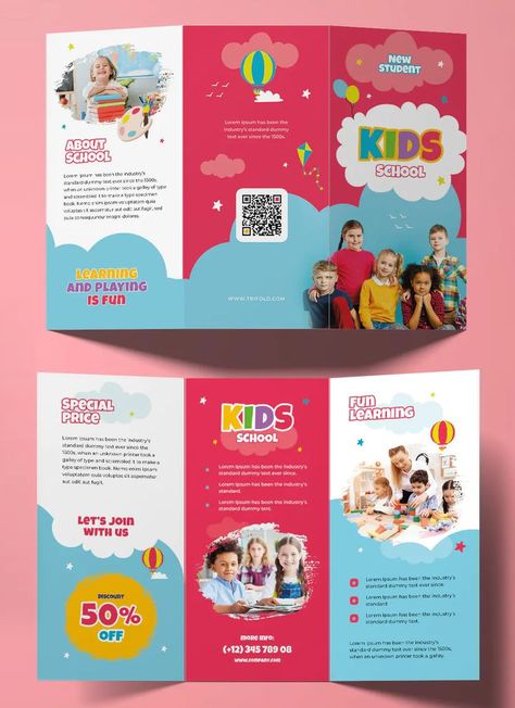 Kids School Trifold Brochure Template InDesign Daycare Brochure Ideas, Brochure Design For School, School Brochure Design Ideas, School Brochure Design Creative, Brochure Design Creative Graphics, Daycare Brochure, Brochure Design Layout Creative, Kindergarten Brochure, Preschool Brochure