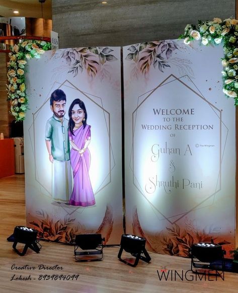 Reception Banner Design, Photobooth For Wedding Indian, Engagement Standee Design, Photo Booth For Wedding Indian, Welcome Standee For Wedding, Engagement Backdrop Ideas Indian, Marriage Stage Decoration Indian, Wedding Name Board Design, Wedding Standee Design