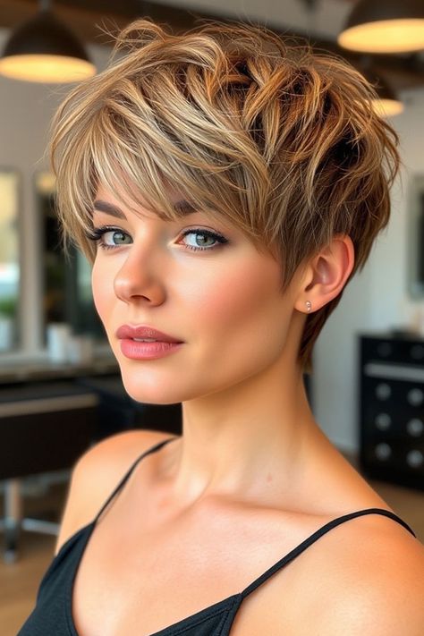 Textured Blonde Pixie, Messy Pixie Hairstyles for a Carefree Look, pixie haircut Caramel Pixie Haircut, Pixie Cut Blonde Highlights, Pixie Haircut Highlights, Dark Blonde Pixie Haircut, Dark Blonde Pixie, Feathered Pixie Haircut, Messy Pixie Hairstyles, Pixie With Long Bangs, Pixie Cut With Highlights