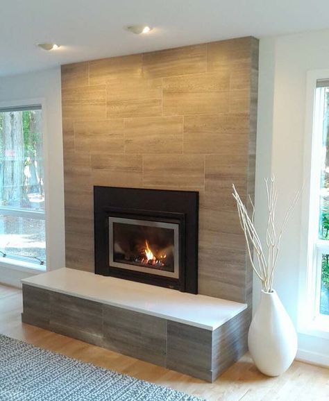 Modern fireplace tile ideas #fireplace #fireplacedesign #tile #fireplacetile #decorhomeideas Modern Fireplace Tiles, Subway Tile Fireplace, Brick Fireplace Remodel, Reface Fireplace, Contemporary Fireplace Designs, Modern Family Rooms, Fireplace Tile Surround, Brick Fireplace Makeover, Contemporary Fireplace