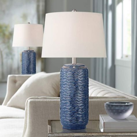 360 Lighting Waves 26 1/2" High Blue Ceramic Table Lamps Set of 2 - #7140G | Lamps Plus Coastal Modern Decor, Blue Shades Colors, Coastal Modern, Table Lamp Sets, Ceramic Base, Ceramic Lamp, Ceramic Table Lamps, Modern Table Lamp, Lamp Sets