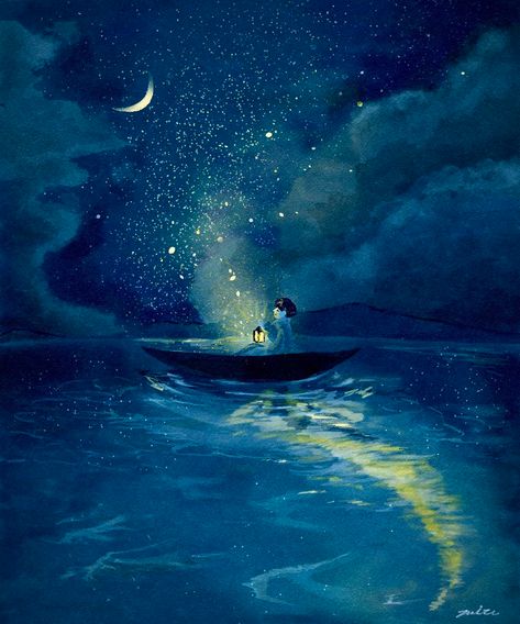 Sweet Night, Illustration Ideas, Fictional World, Ocean Painting, Dreamy Art, Bts Fanart, Stars And Moon, Painting Inspiration, Aesthetic Art