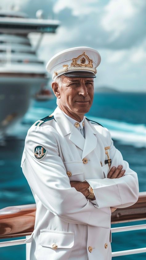 Captain at Sea: A proud ship's captain in full uniform stands thoughtfully on deck with the ocean behind. #captain #uniform #sea #ocean #ship #maritime #nautical #authority #aiart #aiphoto #stockcake https://ayr.app/l/8oqJ Captain Uniform, Ship Captain, Foodie Photography, Sea Captain, Boat Captain, Sea Ocean, Good American, Photography Branding, Cruise Ship