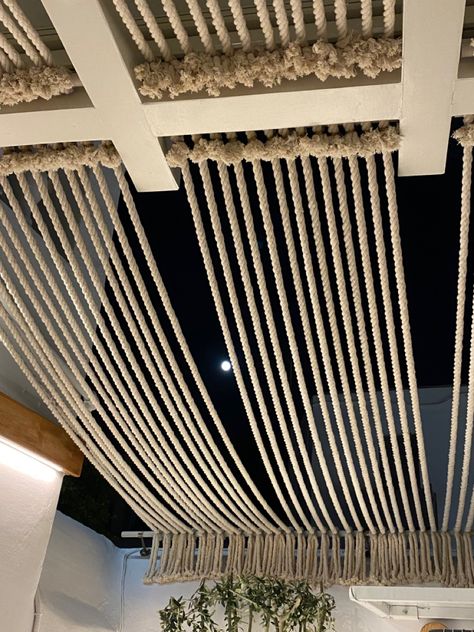 Macrame Ceiling Hanging, Rope Ceiling Design, Rope Partition, Lisbon Flat, Sushi Cafe, Rope Ceiling, Cafe Theme, Nile Cruise, Fabric Ceiling