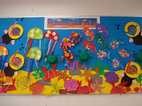 Summer Display Board Nursery, Under The Sea Ideas, Camping Nursery Theme, Nursery Under The Sea, Under The Sea Images, Sea Images, Sea Ideas, Birthday Board Classroom, Baby Room Ideas