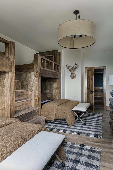 Rustic charm meets modern comfort in this Blue Ridge Mountains escape Cozy Cabin Aesthetic, Carolina Interior Design, Banner Elk North Carolina, Modern Cabin Interior, Cabin Bunk Beds, Mountain Home Interiors, Mountain Interiors, Cabin Inspiration, Cabin Bedroom