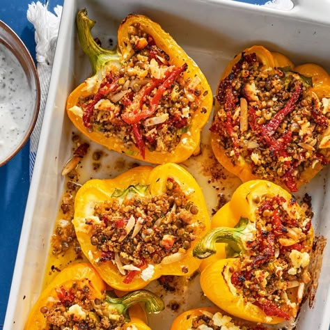 Spiced Couscous-Stuffed Peppers Stuffed Bell Peppers With Couscous, Stuffed Capsicum Vegetarian, Couscous Stuffed Peppers, Quinoa Stuffed Bell Peppers Vegetarian, Couscous Stuffed Acorn Squash, Easy Breakfast Brunch, Low Cholesterol Recipes, Lunch Appetizers, Grocery Foods