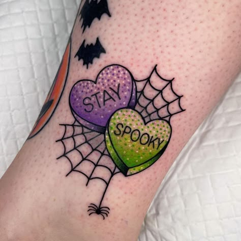 Spooky Color Tattoo, Halloween Candy Hearts Tattoo, Spooky Glitter Tattoo, Color Line Work Tattoo, Spooky Cupcake Tattoo, Halloween Cupcake Tattoo, Ring Pop Tattoo, Halloween Knee Tattoo, Glitter Tattoo Permanent