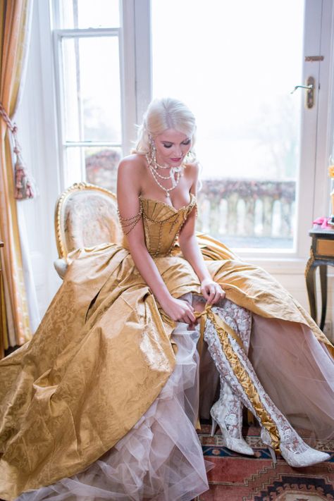 Baroque Bridal Opulence with bold gold tones. Featuring our over the knee lace wedding boots with custom ribbon, this is a look for a bride who wants to be daring and unique! #baroqueweddinginspiration #weddingboots photo by Philippa Sian House Of Elliot, Lace Wedding Boots, Baroque Wedding, Unique Wedding Shoes, Opulent Wedding, Wedding Boots, Wedding Dress Couture, Couture Wedding, Black Wedding Dresses