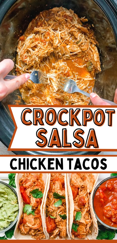 Easy Crockpot Salsa Chicken: This is the easiest recipe for shredded chicken for chicken tacos. It's only 4 ingredients and everything is dumped in the slow cooker! This recipe makes the most creamy and flavorful shredded chicken! Use it for tacos, nachos, burrito bowls, or even enchiladas! Salsa And Chicken Crockpot, Crockpot Creamy Chicken Tacos, Salsa Shredded Chicken Crockpot, Shredded Chicken Salsa Crockpot, Salsa Taco Chicken Crock Pot, Crockpot Chicken Salsa Tacos, Easy Salsa Chicken Crockpot, Salsa Chicken In Crockpot, Chicken And Salsa Crockpot Recipes