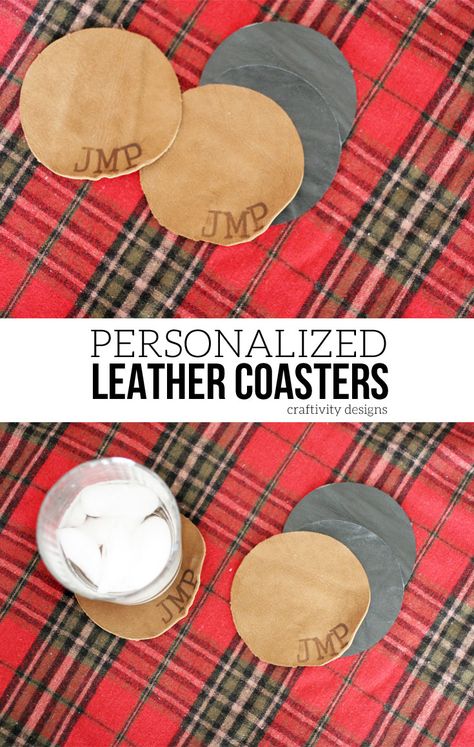 How to Make a Personalized Leather Coaster Set, Gift for Him, 12 Days of Craftmas, by @CraftivityD Diy Leather Koozie, Leather Coasters Diy, Leather Patch Cap - Gift, Leather Coasters Handmade, Diy Leather Gifts, Leather Coaster, Leather Coaster Set, How To Make Leather, Handmade Gifts For Men