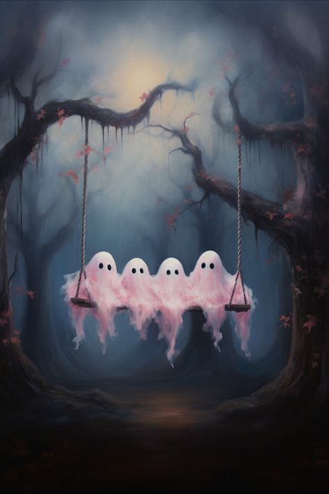 Cute Ghosts on Swing Ghost Wallpaper Cute, Cute Ghost Wallpaper, Halloween Art Drawing, Ghosts Art, Haunted House Drawing, Funny Ghosts, Ghosts Cute, Spooky Vintage, Ghost Drawing