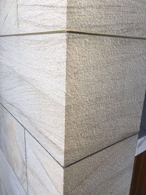 Banded Buff bush-hammered Quoin Sandstone Wall Cladding, Office Elevation, Plaster Wall Texture, Sandstone Cladding, Sandstone Tile, Cladding Wall, Cladding Stone, Material Finishes, Bowen Island