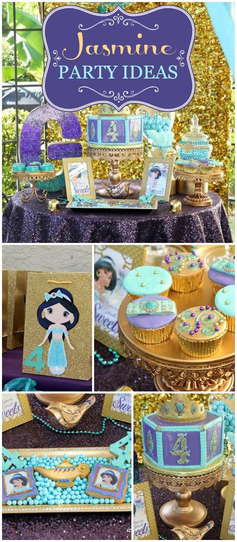 A stunning Princess Jasmine girl birthday party in purple, gold and blue with amazing food and decorations! See more party planning ideas at CatchMyParty.com! Aladdin Theme, Princess Jasmine Party, Aladdin Birthday Party, Princess Jasmine Birthday Party, Aladdin Party, Princess Jasmine Birthday, Jasmine Party, Jasmine Birthday, Disney Princess Party