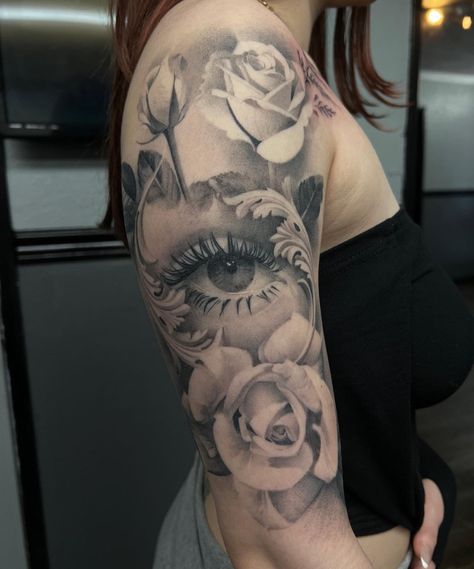 Medusa Realism, Realism Tattoo For Women, Hennessy Tattoo, Placements For Tattoos, Realism Sleeve, Roses Sleeve Tattoo Women, Flower And Eye Tattoo, Rose Half Sleeve Tattoos For Women, Arm Sleeve Ideas