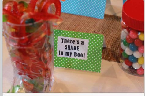 There's a snake in my boot- plastic boot w/gummy worms Potty Party, New Room Design, Snake In My Boot, Woody Party, Toy Story Room, Disney Room, Toy Story Theme, Room Inspired, Third Birthday Party