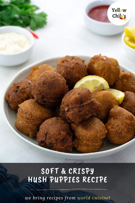 Cornmeal Fritters, Homemade Hush Puppies, Vegetarian Fritters, Cornmeal Recipes, Fritter Frying, Hush Puppies Recipe, Starter Recipes, Vegetable Side Dishes Recipes, Dipping Sauces