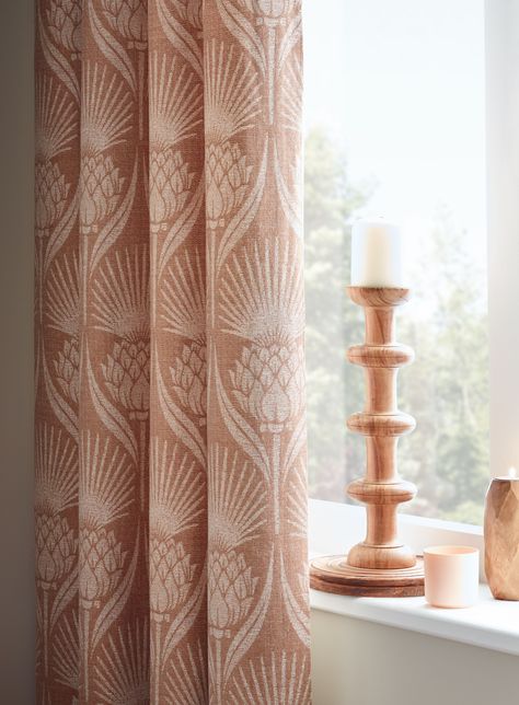 Our Eskdale Weave Coral fabric features a large thistle woven fabric, with intricate cream threads woven onto a muted coral-orange background. A Cotton/Poly blend fabric, these curtains will add warmth and a touch luxury to any room. Pair with elegant neutrals and wooden tones to create a stunning finish for your room. Scottish Interiors, Coral Curtains, Scottish Decor, Coral Bedroom, Country Vibes, Thistle Design, Coral Fabric, Inspired Interiors, Bedroom Orange