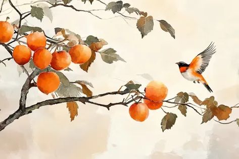 ↑↑↑ Larger size on website 🔸 A watercolor painting depicting a delicate branch of a tree laden with ripe persimmons. A small bird Persimmon Tree Painting, Persimmon Tree Illustration, Persimmon Branch, Minimalist Watercolor Painting, Persimmon Tree, Minimalist Watercolor, Tree Illustration, Small Birds, Persimmon