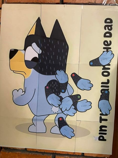 Pin The Tail On Bandit Bluey, Homemade Bluey Decorations, Bluey Crafts For Preschool, Bluey Party Diy Decorations, Bluey Craft For Toddlers, Bluey Cardboard Cutout, Pin The Tail On Dad Bluey, Bluey Dance Mode Party, Pin The Tail On Bluey