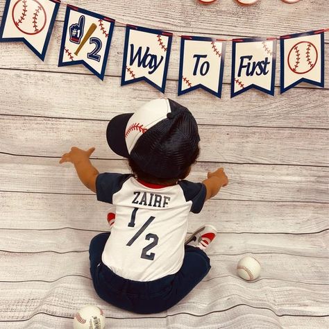 Halfway To One Baseball, Half Way To One Photoshoot Boy, Boy Half Birthday Pictures, Half Birthday Ideas For Boys, Half Year Old Birthday 6 Months, Half Birthday Baby Shirts, Free Banner, Half Birthday, Six Month